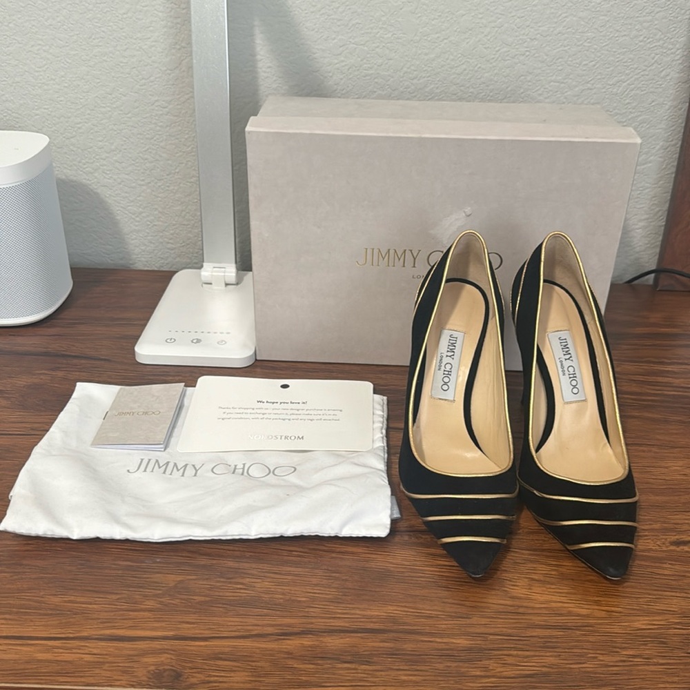 Jimmy Choo Romy 100 black/gold Heels, sz 38.5